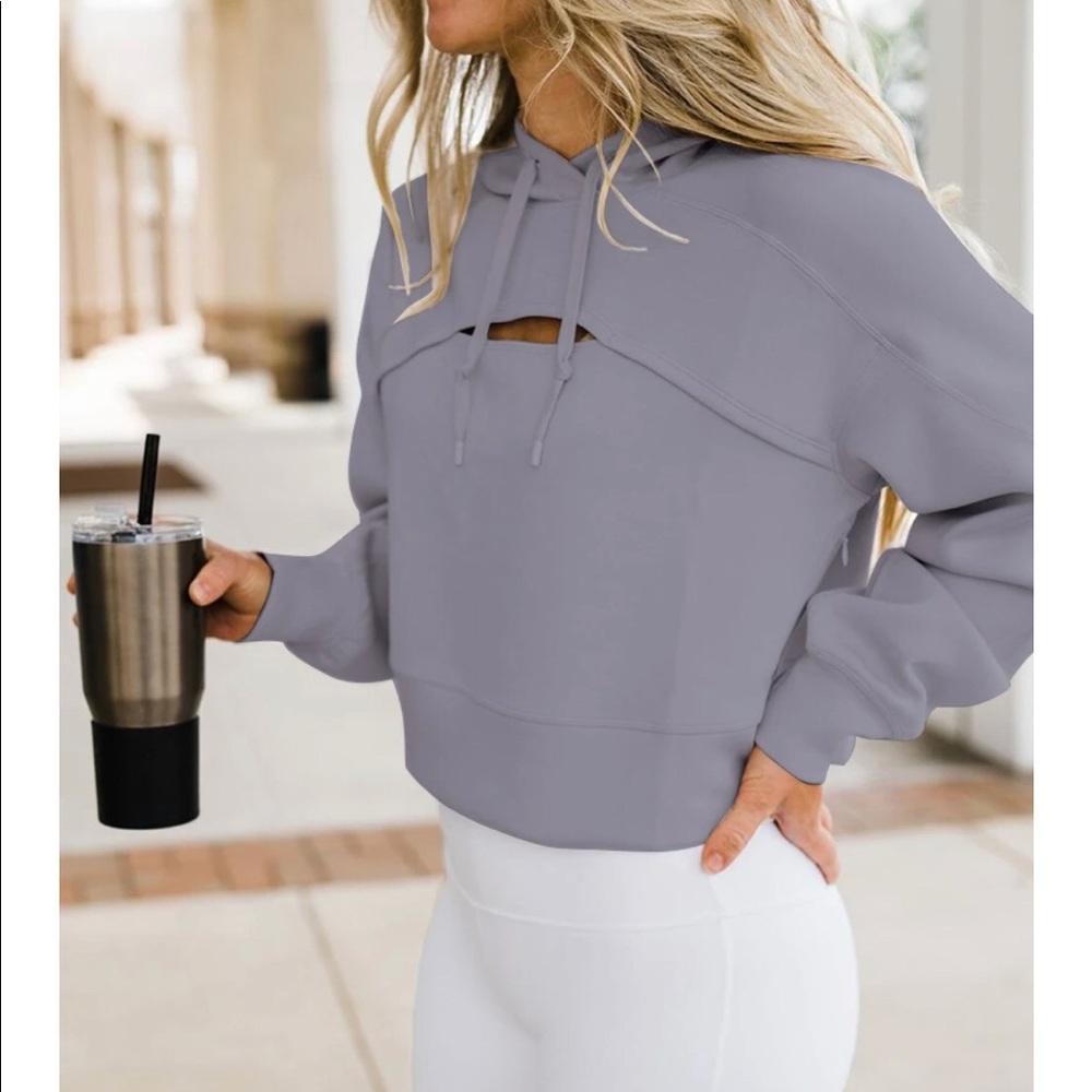 Drop Shoulder Cut Out Front Hoodie( PURPLISH GREY)